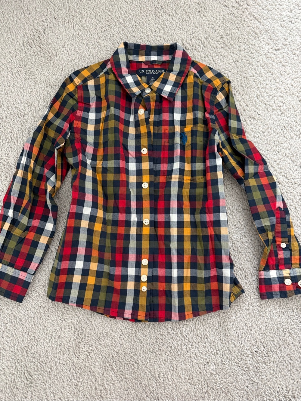 U.S. Polo Assn. Red Navy Yellow White Plaid Boys Button-Up Shirt